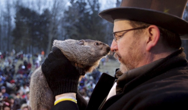 Gerade flüstert Phil dem Chef des Groundhog-Club zu, wann der Winter endet. Das glauben zumindest manche Amerikaner. (Foto: dpa)
