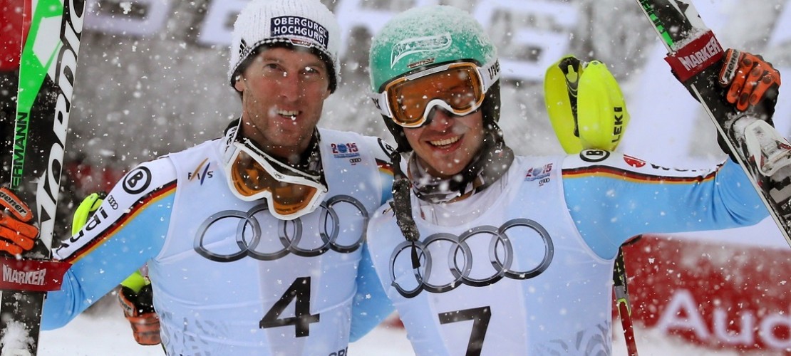 Grund zum Jubeln: Felix Neureuther (rechts) und Fritz Dopfer holten beim Slalom die Silber- und die Bronze-Medaille. (Foto: dpa)