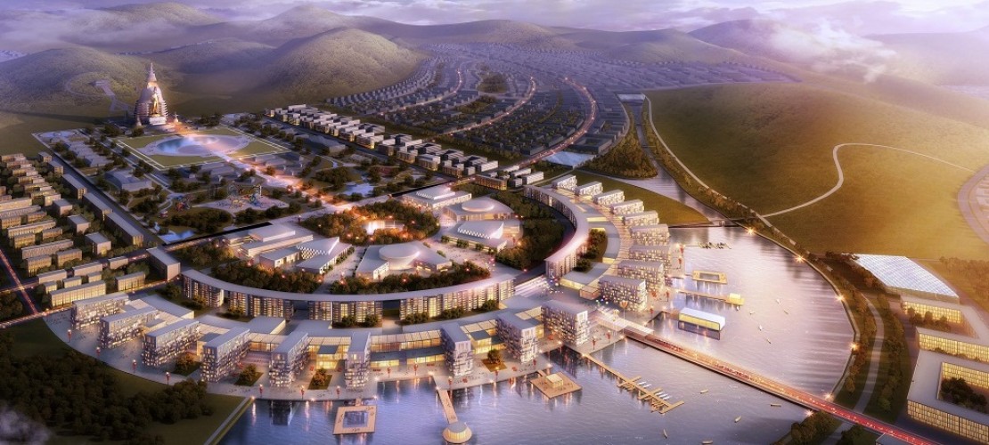Das Foto zeigt eine Animation der geplanten Großstadt Maidar City in der Mongolei. Weil das Wasser in dem Land sehr knapp ist, sollen in zwei Seen Trinkwasser aus den Bergen gesammelt werden. (Foto: dpa)