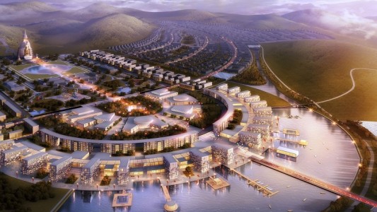 Das Foto zeigt eine Animation der geplanten Großstadt Maidar City in der Mongolei. Weil das Wasser in dem Land sehr knapp ist, sollen in zwei Seen Trinkwasser aus den Bergen gesammelt werden. (Foto: dpa)