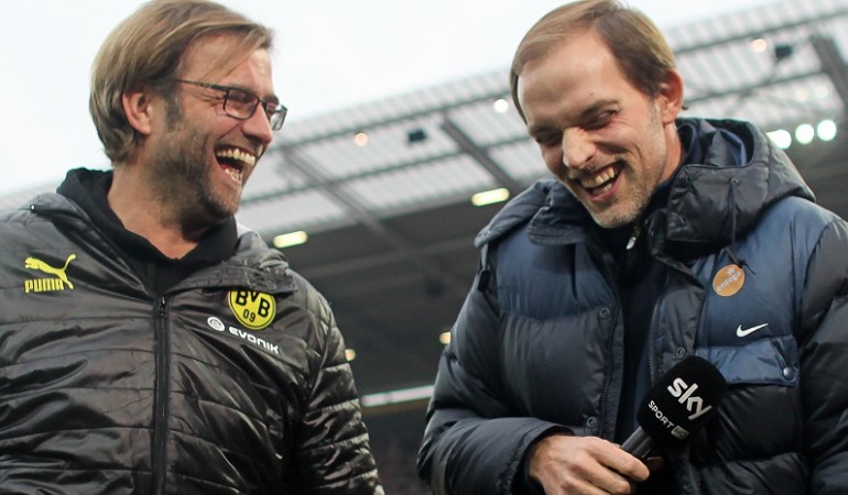 Der alte und der neue Trainer: Rechts steht Jürgen Klopp, links Thomas Tuchel. (Foto: dpa)
