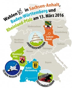 Illustrierte Deutschlandkarte mit drei Sehenswürdigkeiten und Wappen der erwähnten Bundesländer; Grafik: R. Mühlenbruch