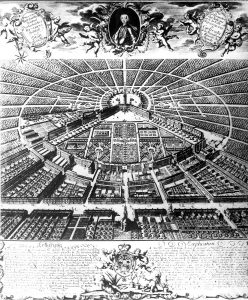 Das Bild aus dem 19. Jahrhundert zeigt den Fächer: Genau in der Mitte liegt das Schloss. (Foto: dpa)