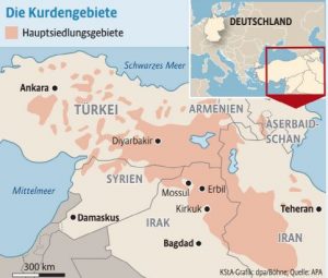 Kurden haben kein eigenes Land, sie leben verstreut über viele verschiedene Nationen. (Grafik: Böhne)